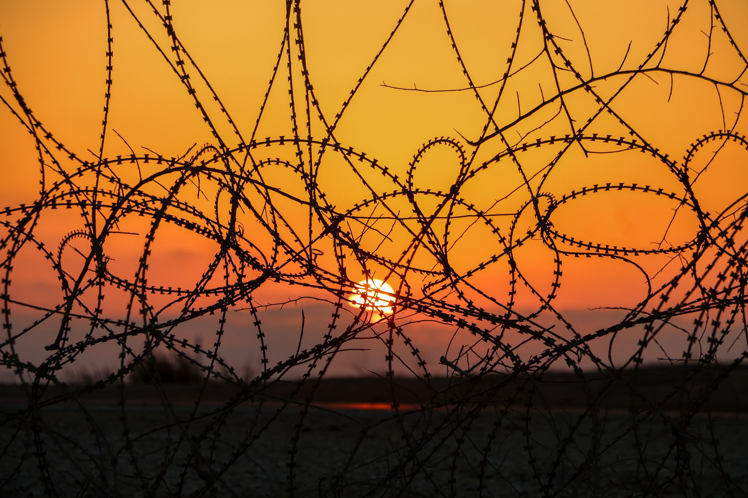 Silhouette of a barbed wire ranch fence against an orange sunset sky